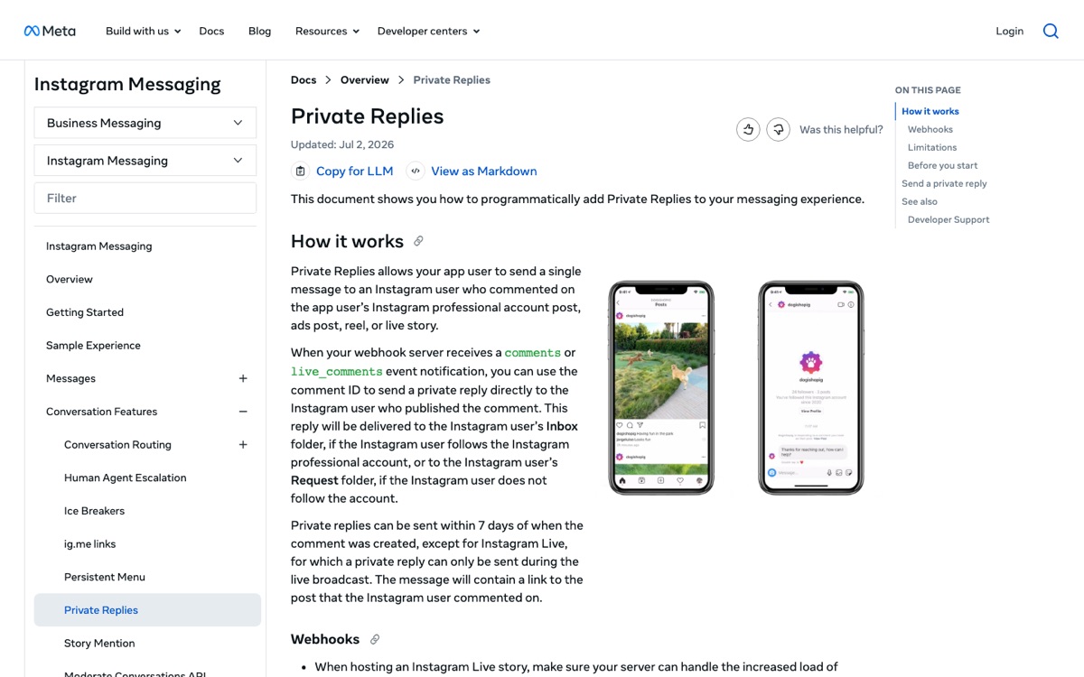 Meta's official Private Replies documentation, updated July 2026